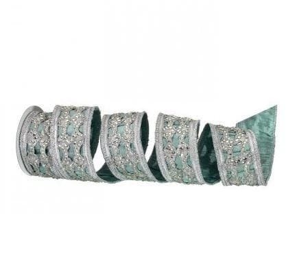The Christmas Palace Ribbon & Bows 2.5" X 5YD AQUA & SILVER JEWELED CUT OUT DUPION RIBBON 1 The Christmas Palace Ribbon & Bows 2.5" X 5YD AQUA & SILVER JEWELED CUT OUT DUPION RIBBON