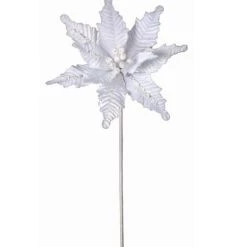The Christmas Palace 24" WHITE GLITTER EDGE BUGLE BEAD VELVET POINSETTIA STEM SET OF 12 Flowers