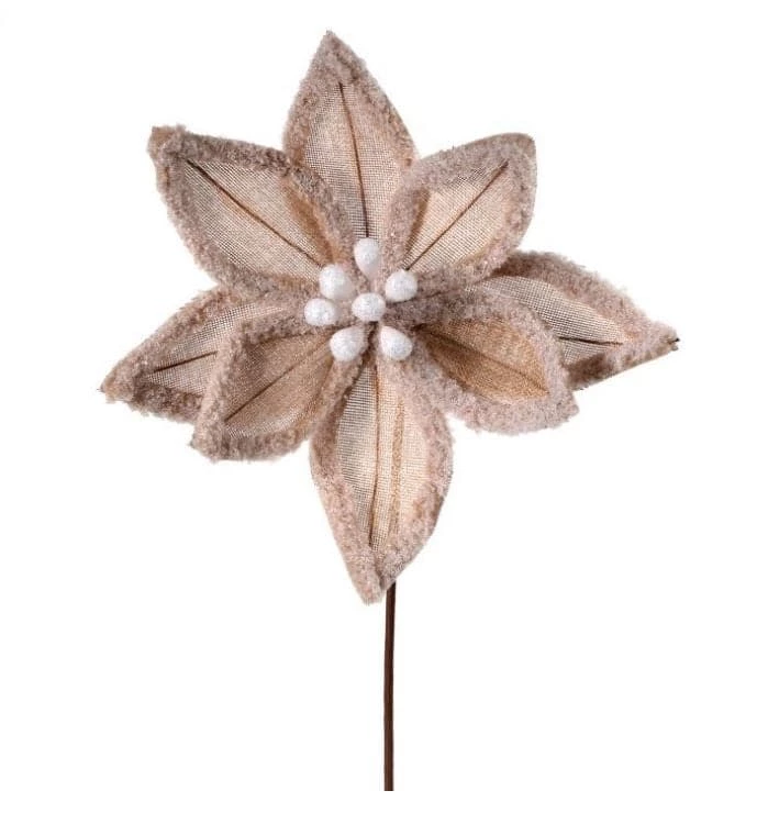 The Christmas Palace Flowers 20" BURLAP FAUX FUR EDGE POINSETTIA STEM SET OF 12 1 The Christmas Palace Flowers 20" BURLAP FAUX FUR EDGE POINSETTIA STEM SET OF 12