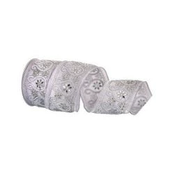 The Christmas Palace 4" X 10YD WHITE RIBBON WITH JEWEL & PEARL TRIM Ribbon & Bows