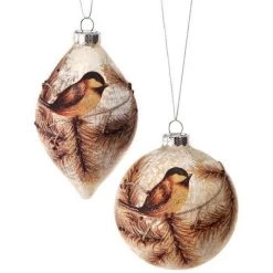 The Christmas Palace 4-5" BROWN CHICKADEE BALL GLASS ORNAMENT ASSORTED SET OF 6