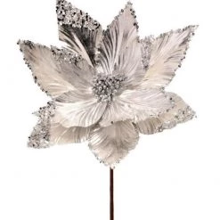 The Christmas Palace 24" SILVER METALLIC SEQUIN EDGED TIPS POINSETTIA SET OF 12