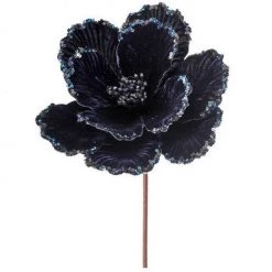 The Christmas Palace 24" MIDNIGHT BLUE VELVET GLITTER BEADED EDGE MAGNOLIA STEM SET OF 6
