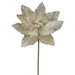 The Christmas Palace Flowers 24" PLATINUM MICRO BEADED SEQUINS POINSETTIA STEM SET OF 6