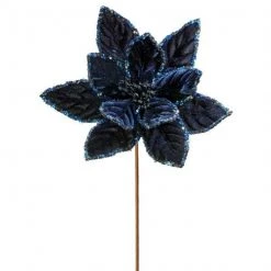 The Christmas Palace 24" MIDNIGHT BLUE VELVET SEQUINS EDGE POINSETTIA STEM SET OF 12 Flowers