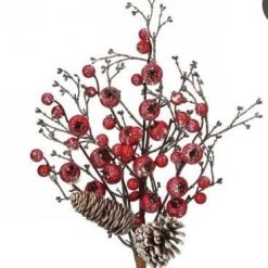 The Christmas Palace Stems & Picks 16" RED SNOW BERRY TWIG WITH PINECONES SET OF 6