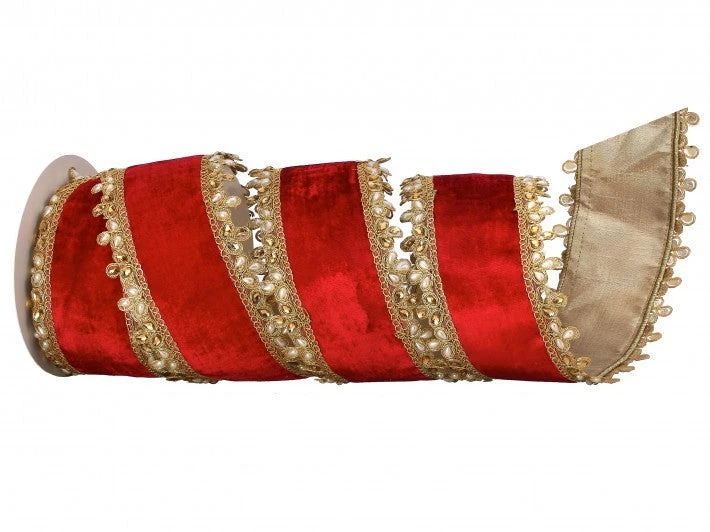 The Christmas Palace Ribbon & Bows 4" X 5 YD RED & GOLD VELVET PEARL TRIM RIBBON 1 The Christmas Palace Ribbon & Bows 4" X 5 YD RED & GOLD VELVET PEARL TRIM RIBBON