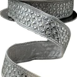 The Christmas Palace 1.5" X 10YD SILVER METALLIC DUPION WITH FLOWER CRYSTAL TRIM