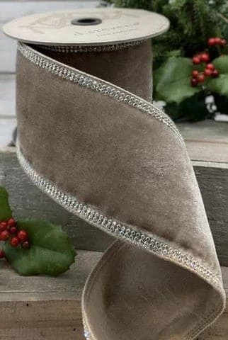 The Christmas Palace Ribbon & Bows 4" X 5YD TAUPE VELVET WITH PLATINUM CRYSTAL TRIM RIBBON 1 The Christmas Palace Ribbon & Bows 4" X 5YD TAUPE VELVET WITH PLATINUM CRYSTAL TRIM RIBBON