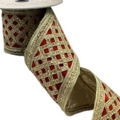 The Christmas Palace 4" X 5YD RED & GOLD VELVET LATTICE JEWEL TRIM RIBBON Ribbon & Bows