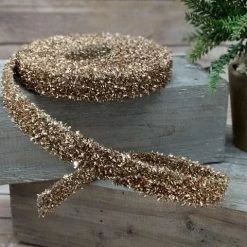 The Christmas Palace 1" X 3YD ANTIQUE GOLD TINSEL GARLAND RIBBON