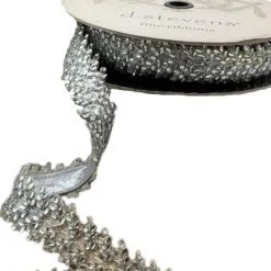 The Christmas Palace 1.5" X 10YD METALLIC DUPION SILVER CRYSTAL TRIM RIBBON