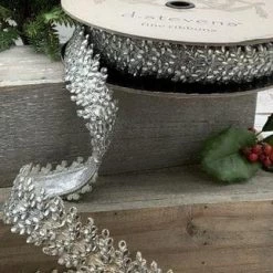 The Christmas Palace 1.5" X 10YD METALLIC DUPION SILVER CRYSTAL TRIM RIBBON