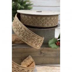 The Christmas Palace 2" X 10YD ROSE GOLD METALLIC DUPION FLORAL TRIM RIBBON Ribbon & Bows