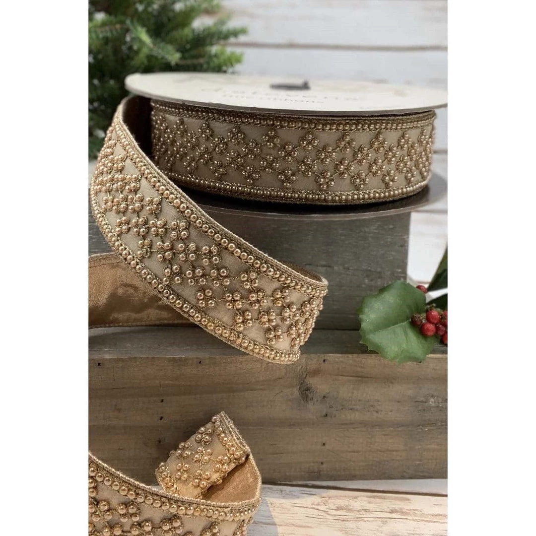 The Christmas Palace 2" X 10YD ROSE GOLD METALLIC DUPION FLORAL TRIM RIBBON Ribbon & Bows 2 The Christmas Palace 2" X 10YD ROSE GOLD METALLIC DUPION FLORAL TRIM RIBBON Ribbon & Bows