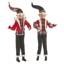 The Christmas Palace 24" BLACK & RED PLAID POSABLE ELF SET OF 2 Elves