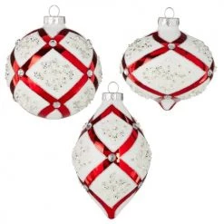 The Christmas Palace 4" WHITE & RED JEWELED ORNAMENT ASSORTED SET OF 6 Christmas Ornaments