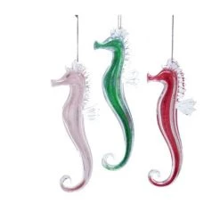 The Christmas Palace 7" SEAHORSE GLITTERED GLASS ORNAMENT SET OF 6