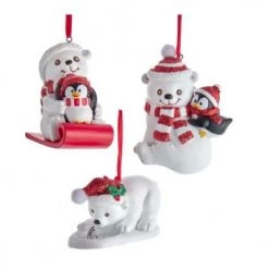 The Christmas Palace 4" POLAR BEAR WITH FISH & PENGUIN ORNAMENT SET OF 6 Christmas Ornaments