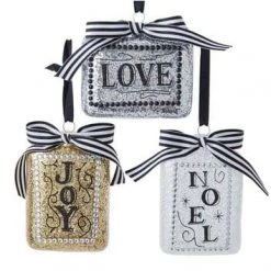 The Christmas Palace 5" GLASS BLACK, WHITE & GOLD ORNAMENTS SET OF 3