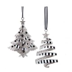 The Christmas Palace 4" BLACK & WHITE TREE WITH STONES ORNAMENT SET OF 6