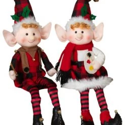 The Christmas Palace 23" BUFFALO PLAID SITTING ELF ASSORTED SET OF 2