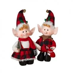 The Christmas Palace 13" BUFFALO PLAID GIRL & BOY ELF SET OF 2 Elves