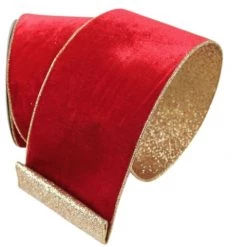 The Christmas Palace Ribbon & Bows 4" X 10YD RED VELVET & GOLD GLITTERED BACK RIBBON