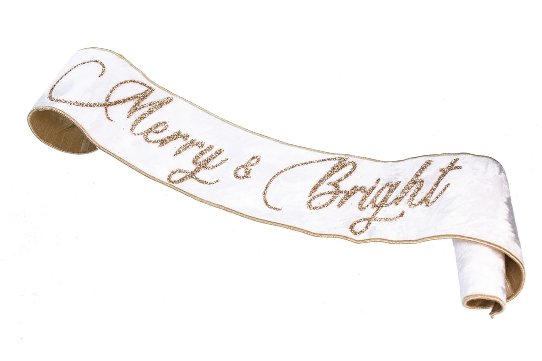 The Christmas Palace 6" X 4 FT WHITE & GOLD "MERRY & BRIGHT" BANNER RIBBON Ribbon & Bows 1 The Christmas Palace 6" X 4 FT WHITE & GOLD "MERRY & BRIGHT" BANNER RIBBON Ribbon & Bows