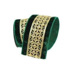 The Christmas Palace 4" X 5YD VELVET EMERALD & GOLD DIAMOND LACE RIBBON Ribbon & Bows