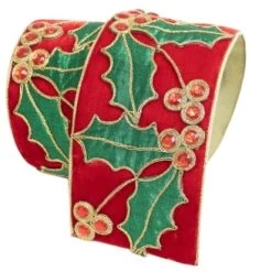 The Christmas Palace 4" X 5YD RED VELVET WITH GREEN HOLLY & GOLD TRIM Ribbon & Bows